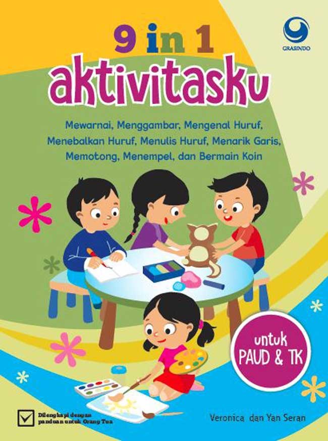 9 in 1 Aktivitasku, Mewarnai, menggambar, mengenal huruf, menebalkan huruf, menulis huruf, menarik garis, memotong, menempel dan bermain koin