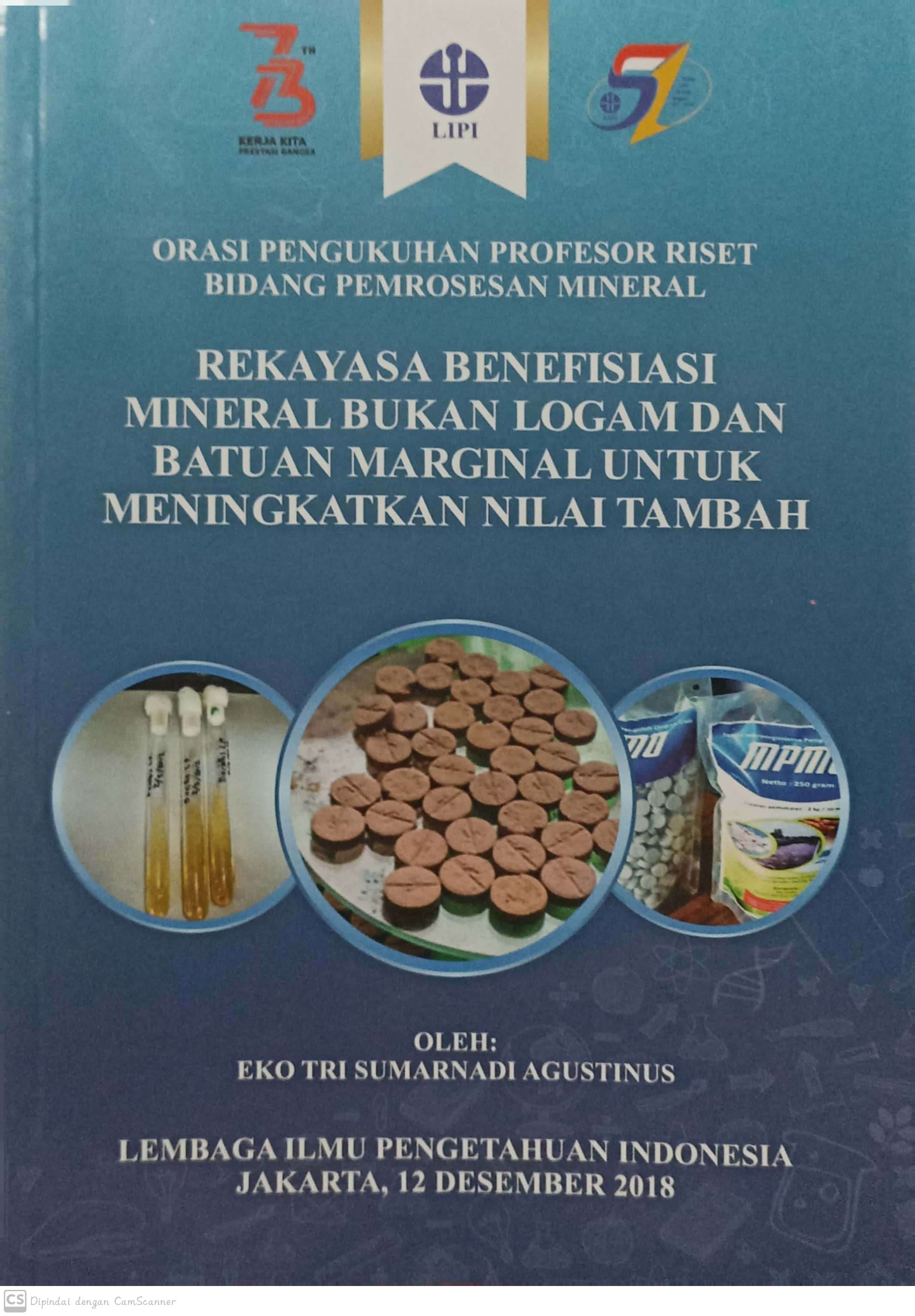 Rekayasa benefiasi mineral bukan logam dan batuan marginal untuk meningkatkan nilai tambah : orasi pengukuhan profesor riset bidang pemrosesan mineral