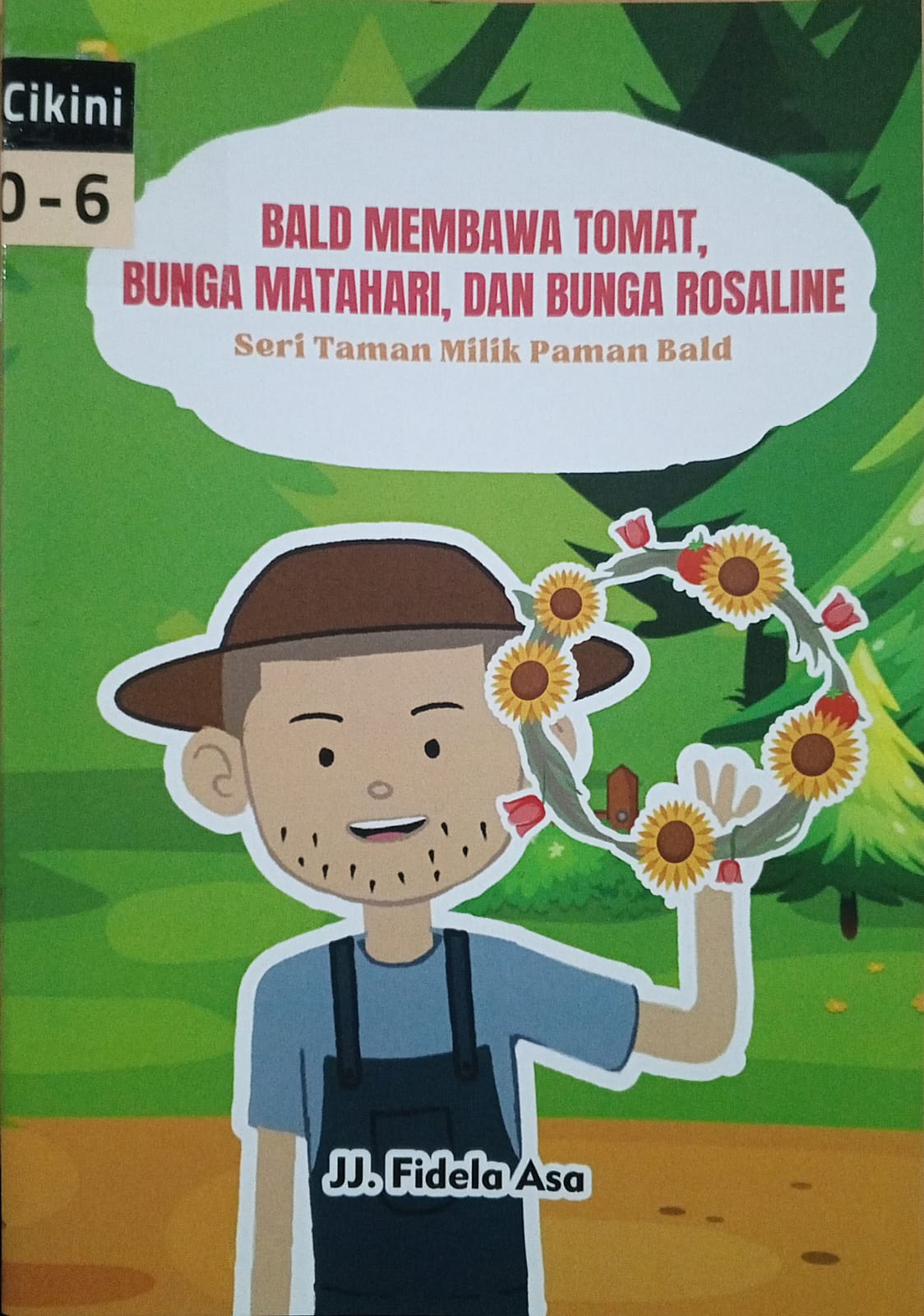 Bald membawa tomat, bunga matahari, dan bunga rosaline