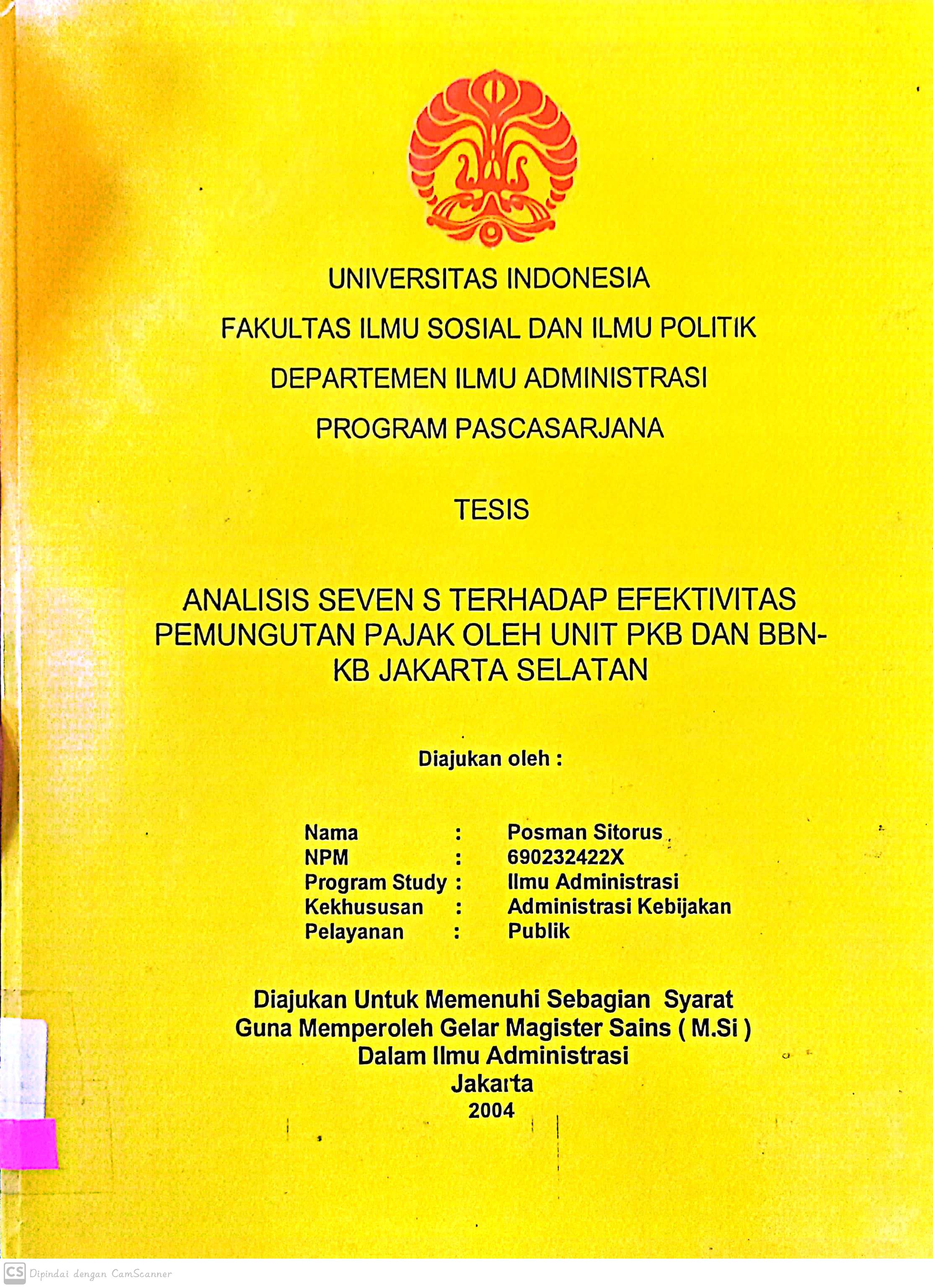 Analisis seven S terhadap efektivitas pemungutan pajak oleh unit PKB dan BBNKB Jakarta selatan