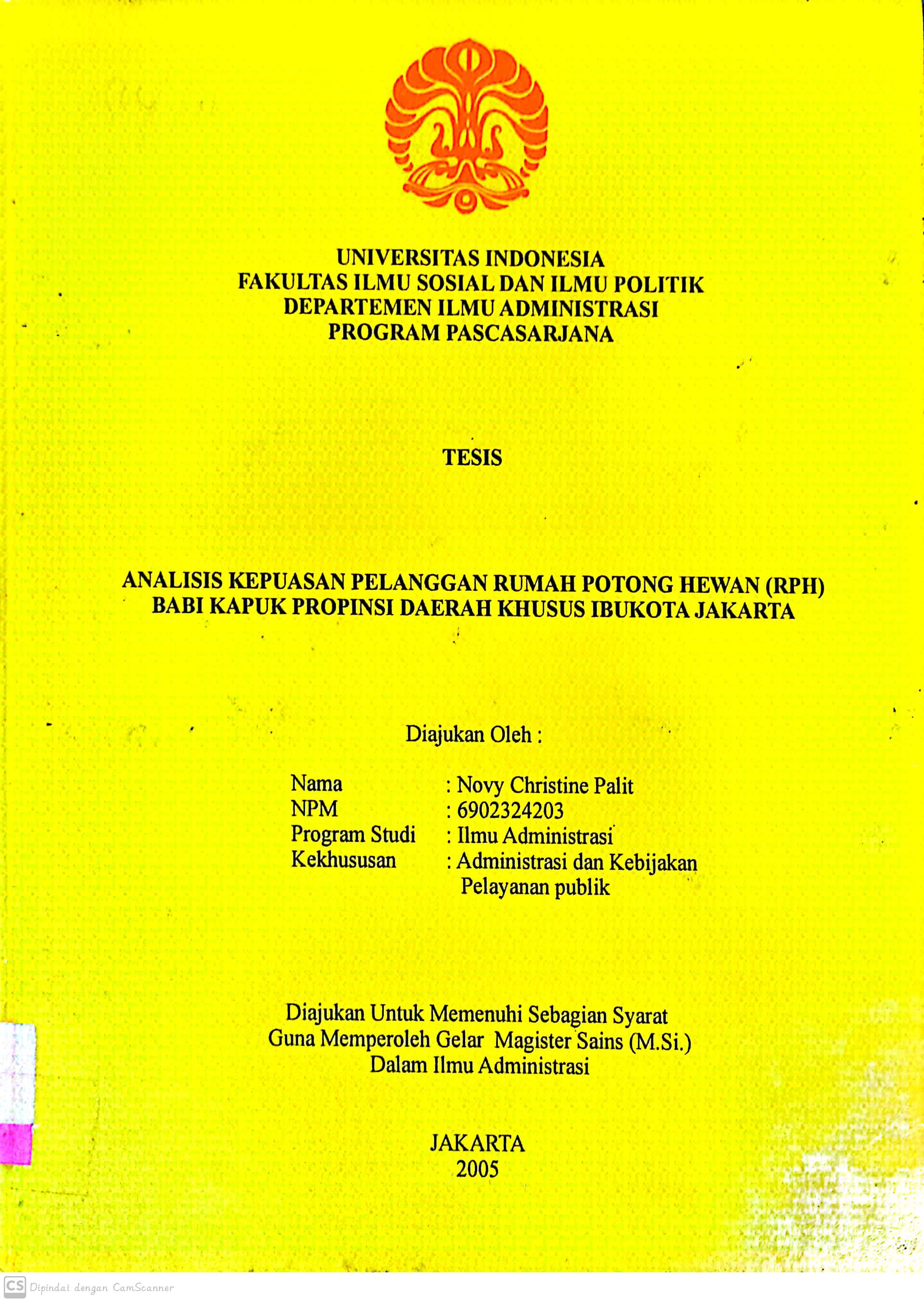 Analisis Kepuasan Pelanggan Ruamh Potong Hewan (rph) Babi Kapuk Provinsi Daerah Khusus Ibukota Jakarta / Novy Christine Palit