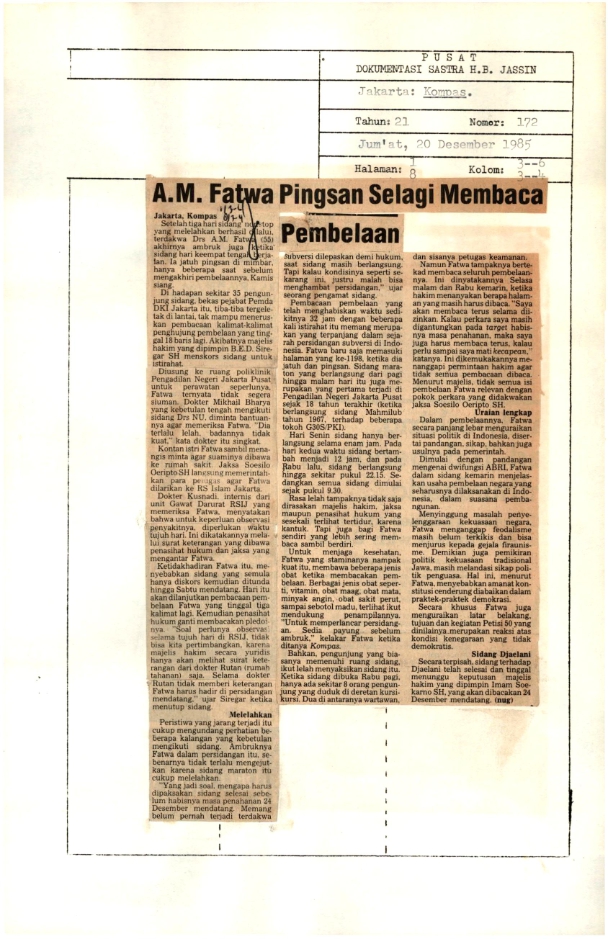 A.M. Fatwa pingsan selagi membaca pembelaan