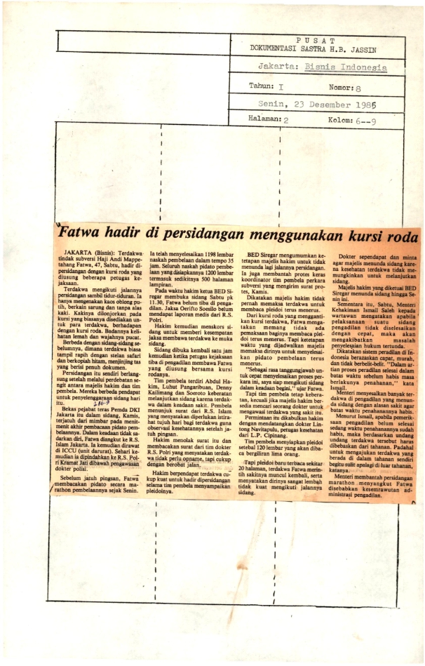 Fatwa hadir di persidangan menggunakan kursi roda