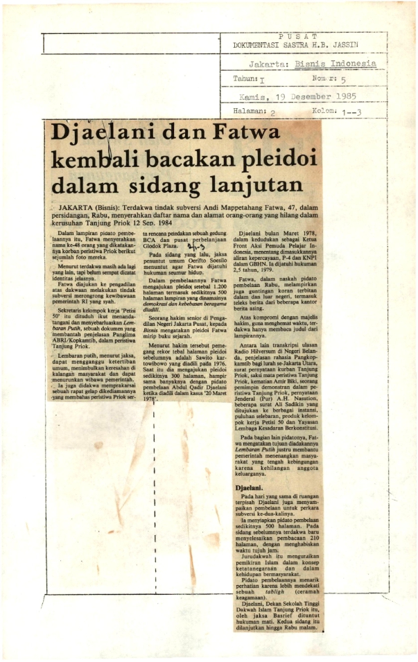 Djaelani dan Fatwa kembali bacakan pledoi dalam sidang lanjutan