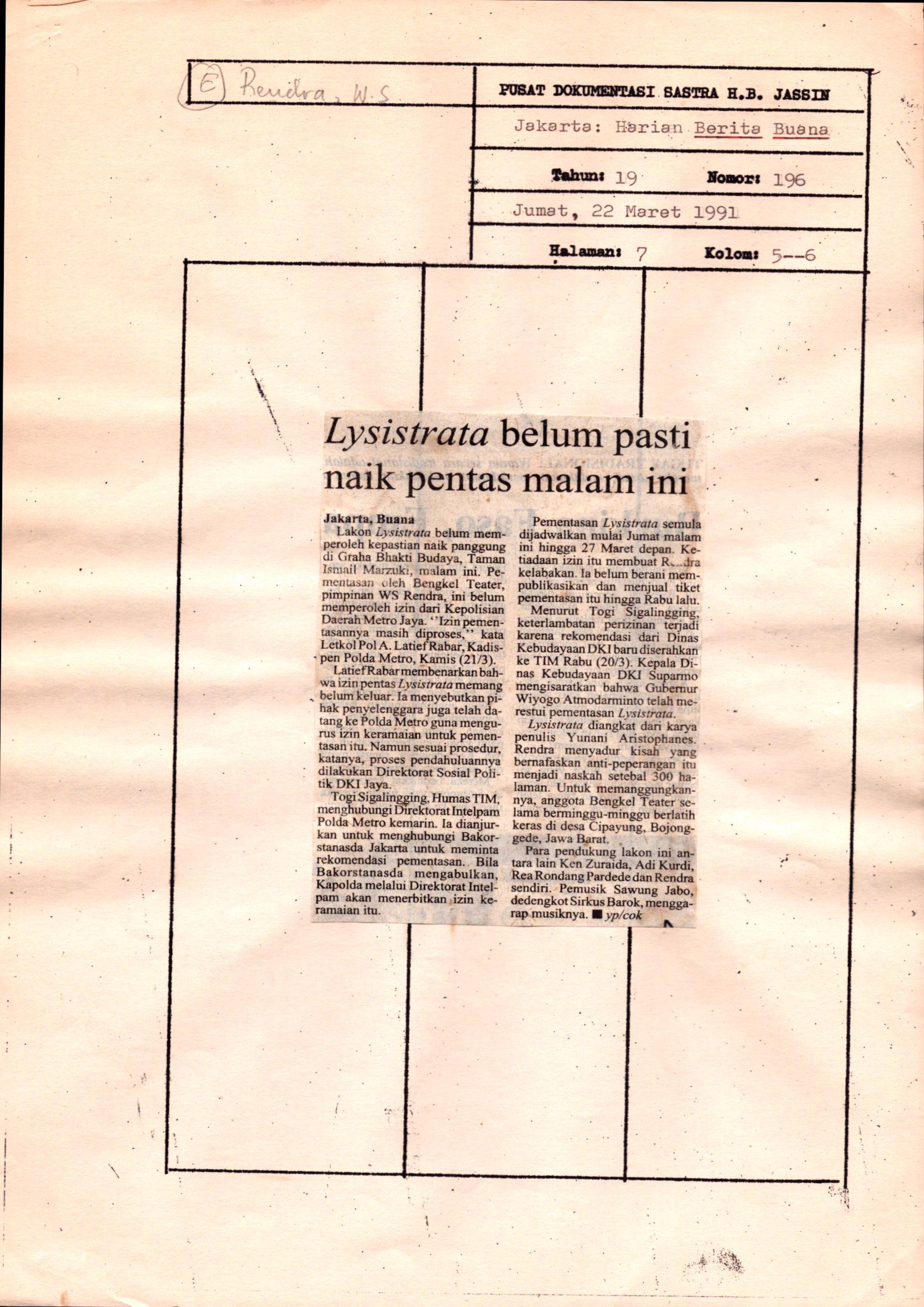 Lysistrata belum pasti naik pentas malam ini