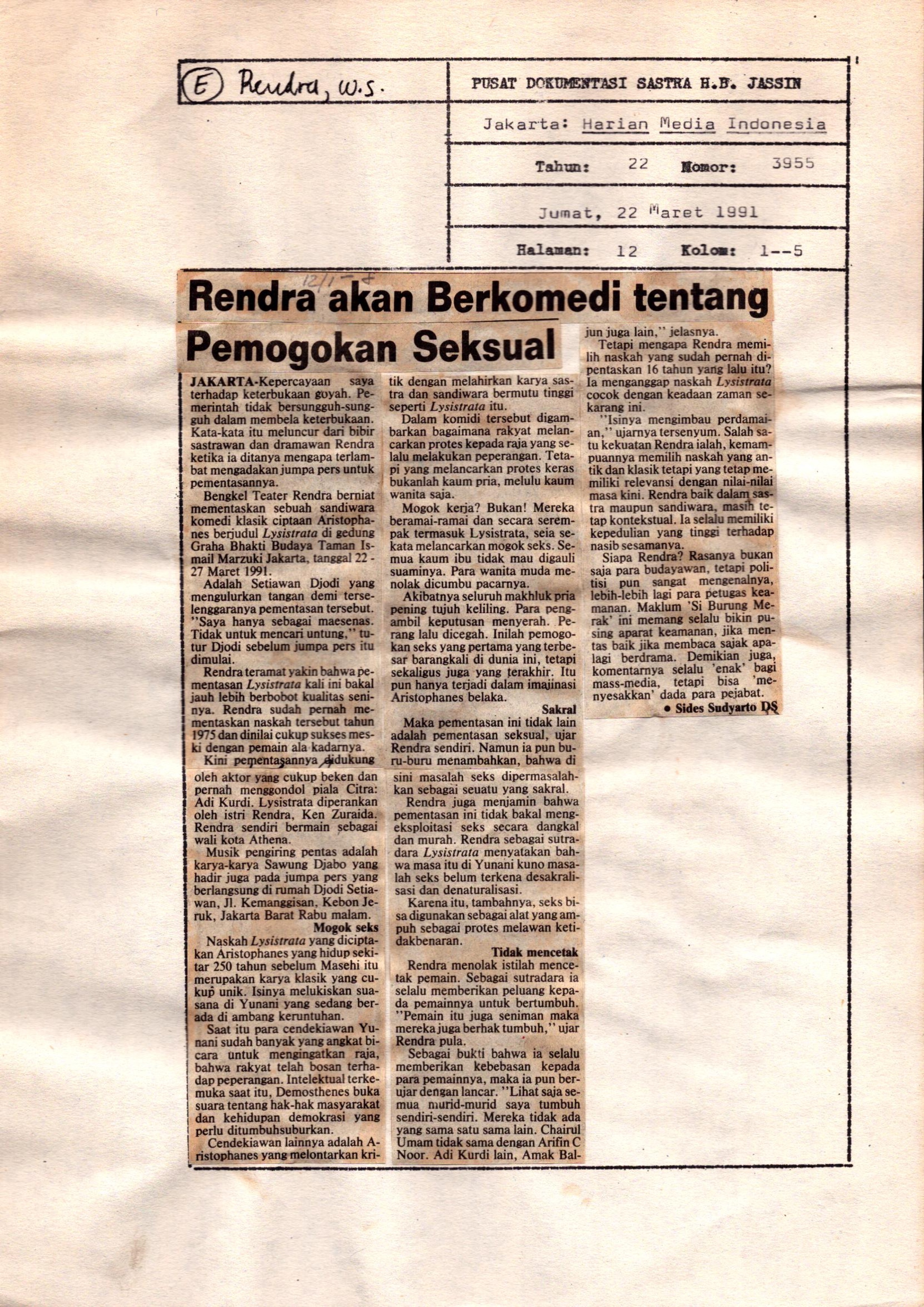 Rendra akan berkomedi tentang pemogokan seksual