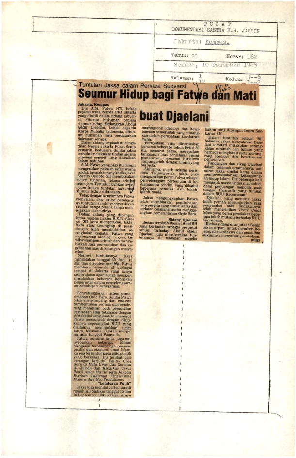Tuntutan jaksa dalam perkara subversi : seumur hidup bagi Fatwa dan mati buat Djaelani