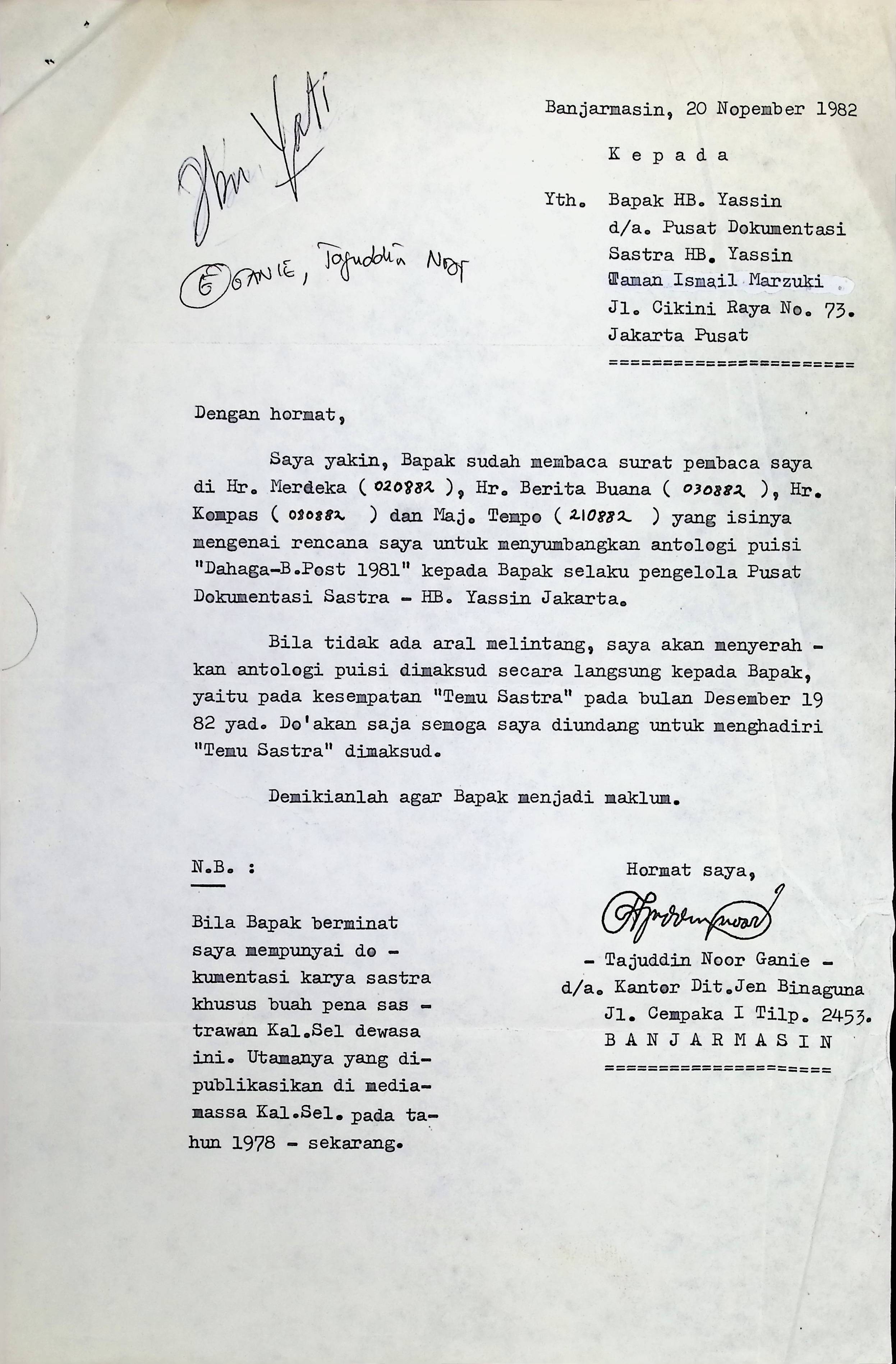 Surat Tajuddin Noor Ganie untuk bapak HB. Yassin