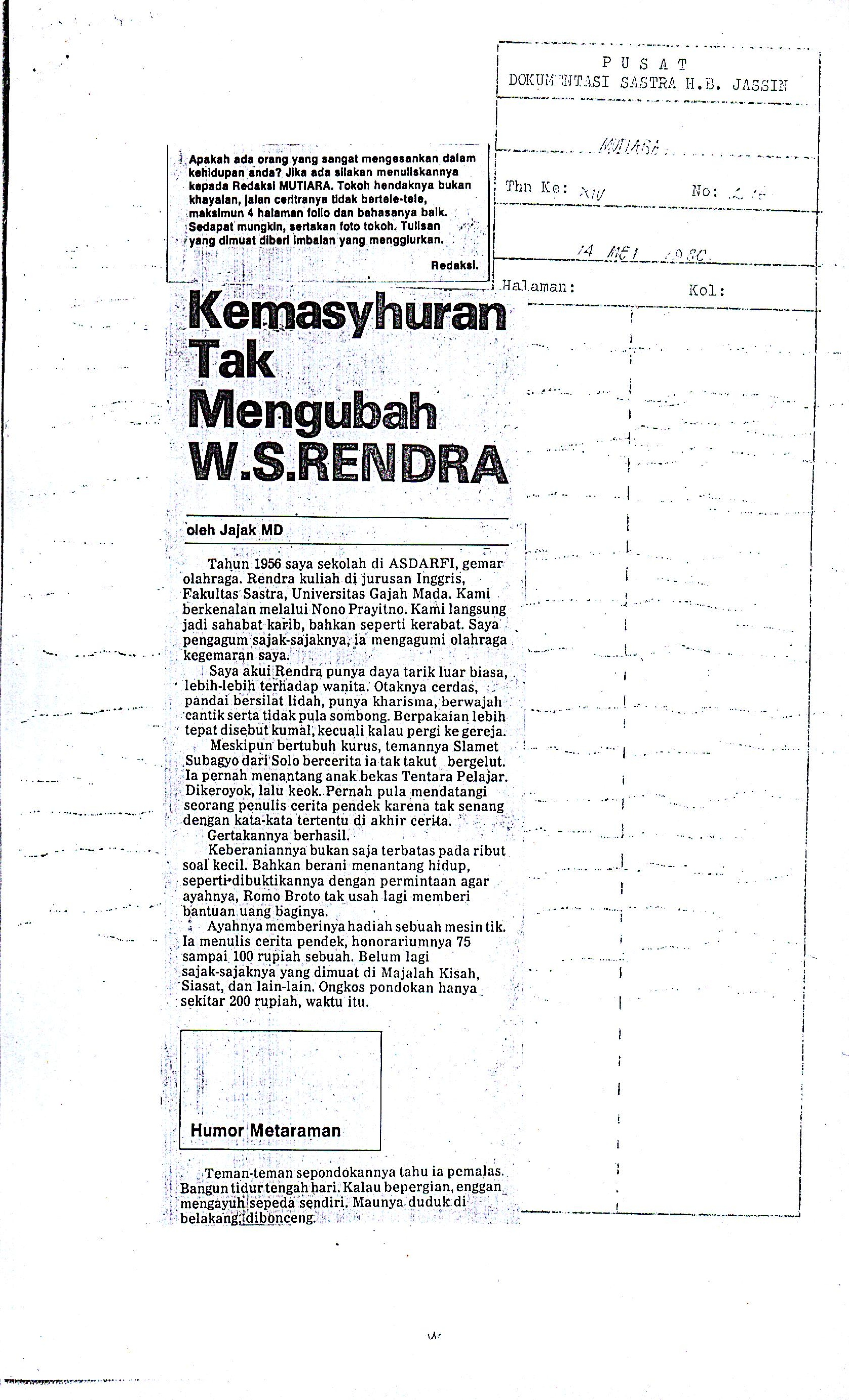 Kemasyhuran tak mengubah W.S. Rendra