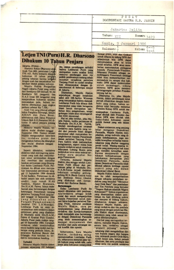 Letjen TNI (Purn) H.R. Dharsono dihukum 10 tahun penjara