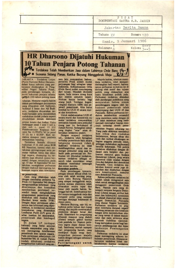 HR Dharsono dijatuhi hukuman 10 tahun penjara potong tahanan