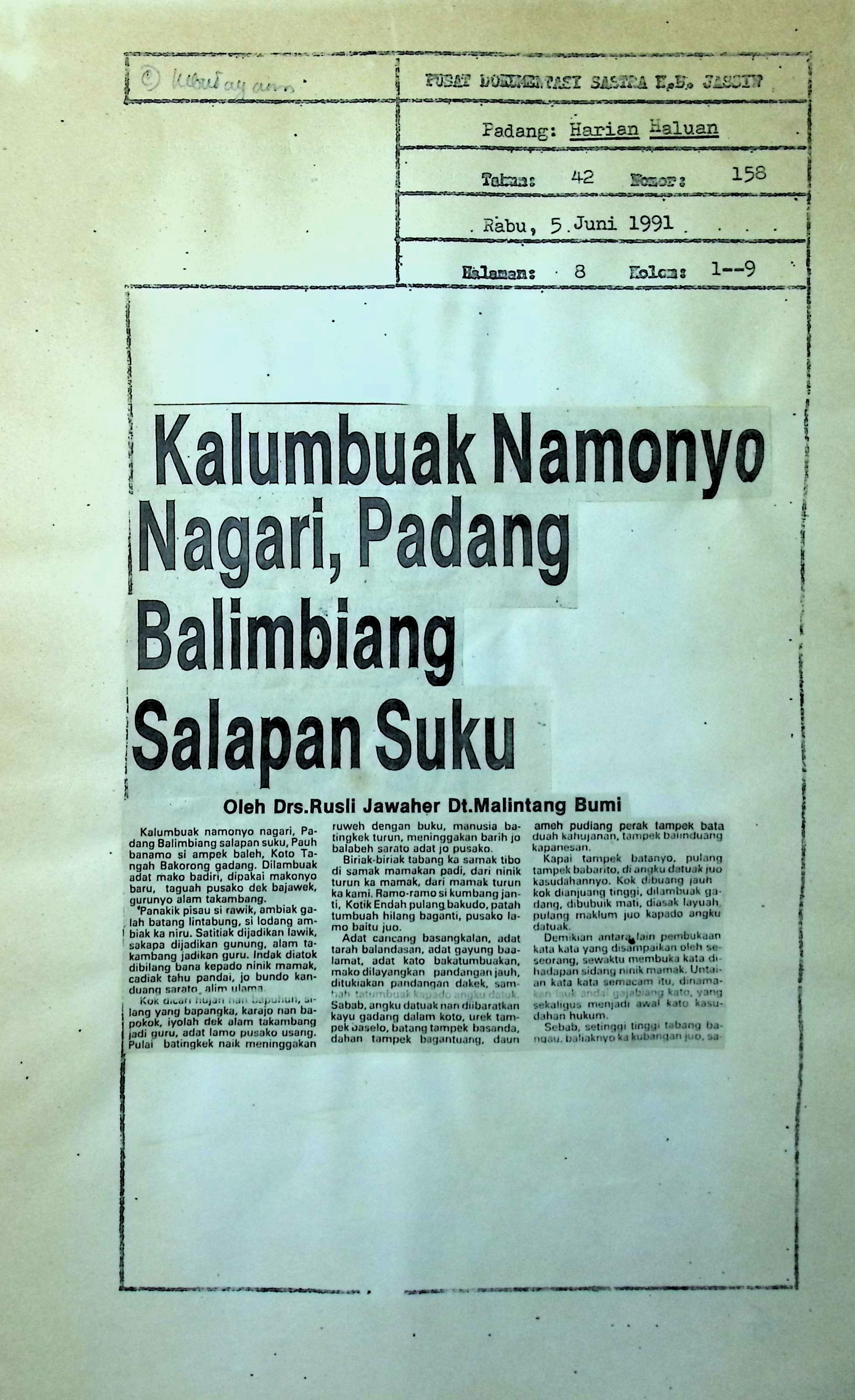 Kalumbuak namonyo nagari, Padang balimbiang salapan suku