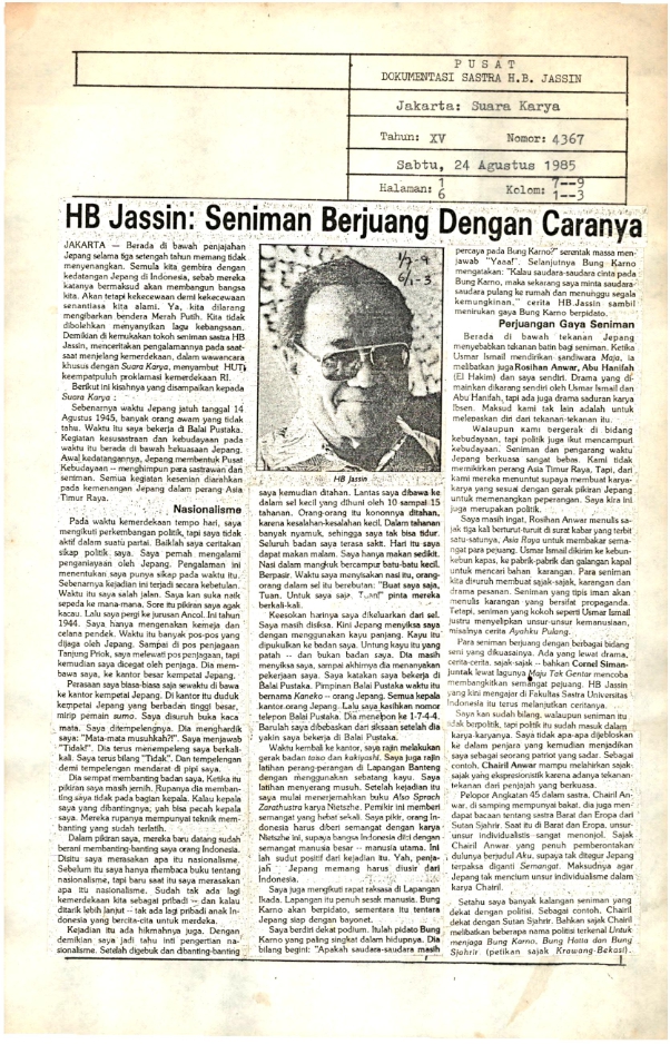 HB Jassin : seniman berjuang dengan caranya