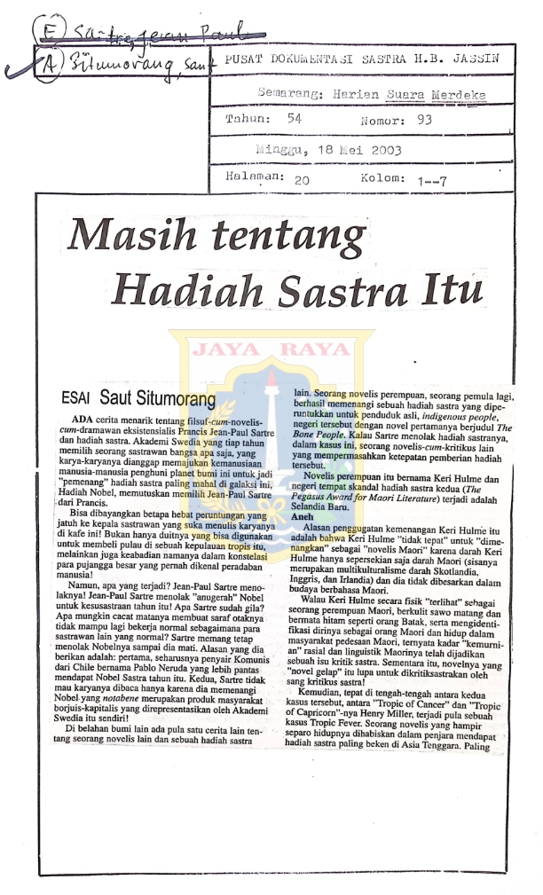 Masih tentang hadiah sastra itu