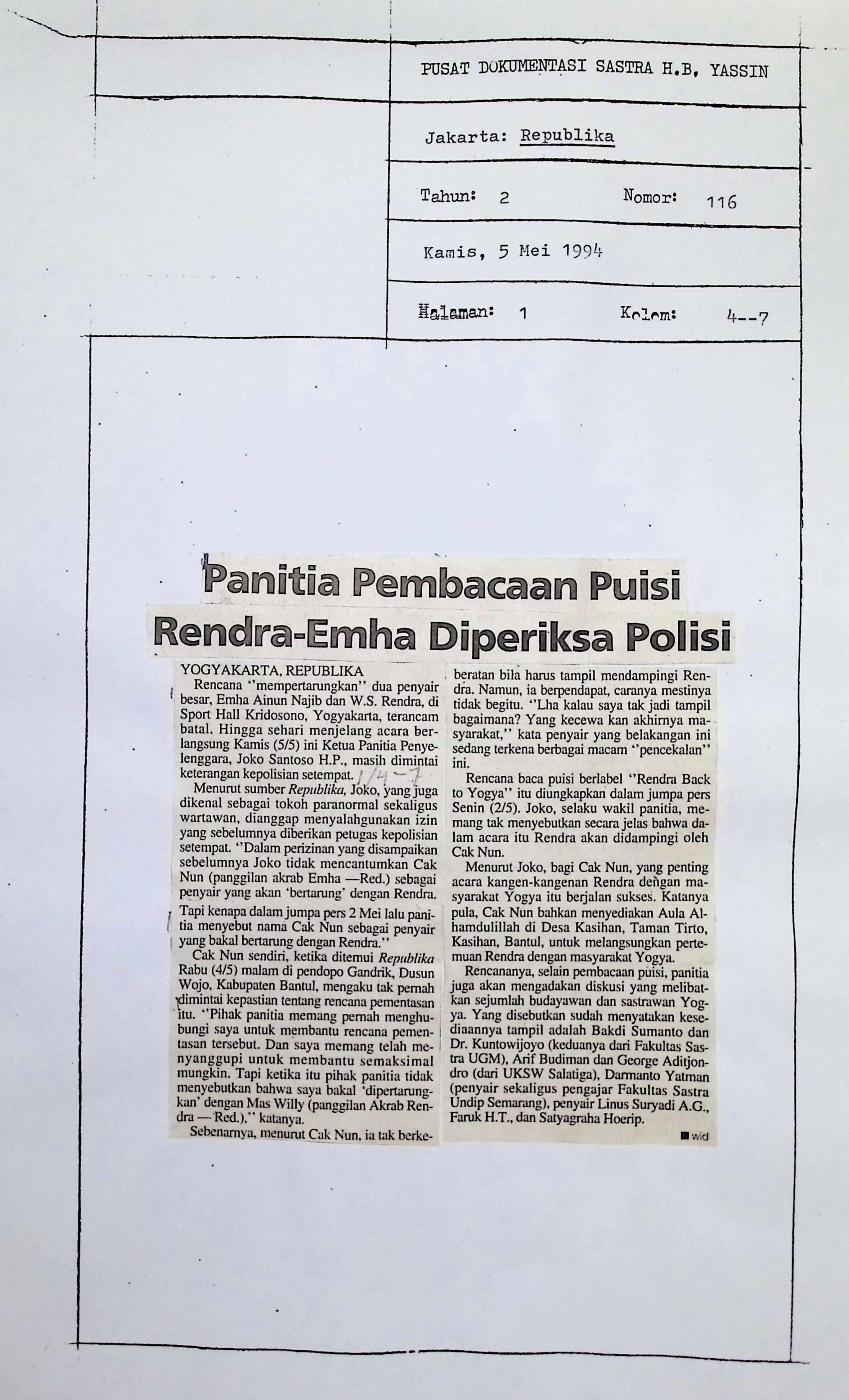 Panitia pembacaan puisi Rendra-Emha diperiksa polisi