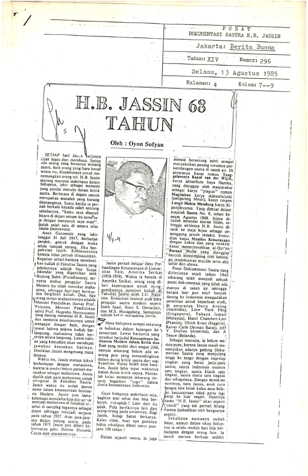 H.B. Jassin 68 Tahun