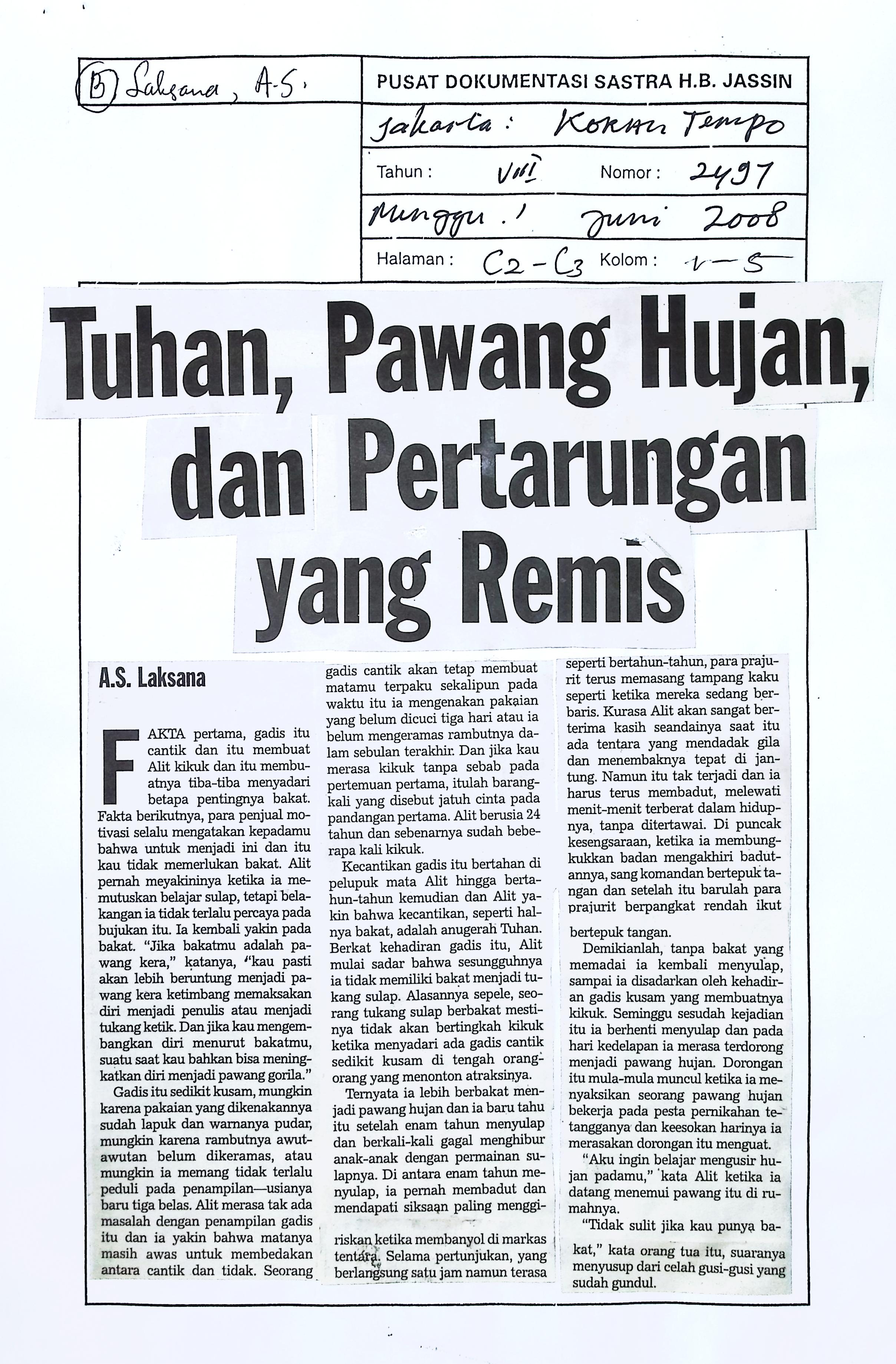 Cerpen tuhan, pawang hujan, dan pertarungan yang remis
