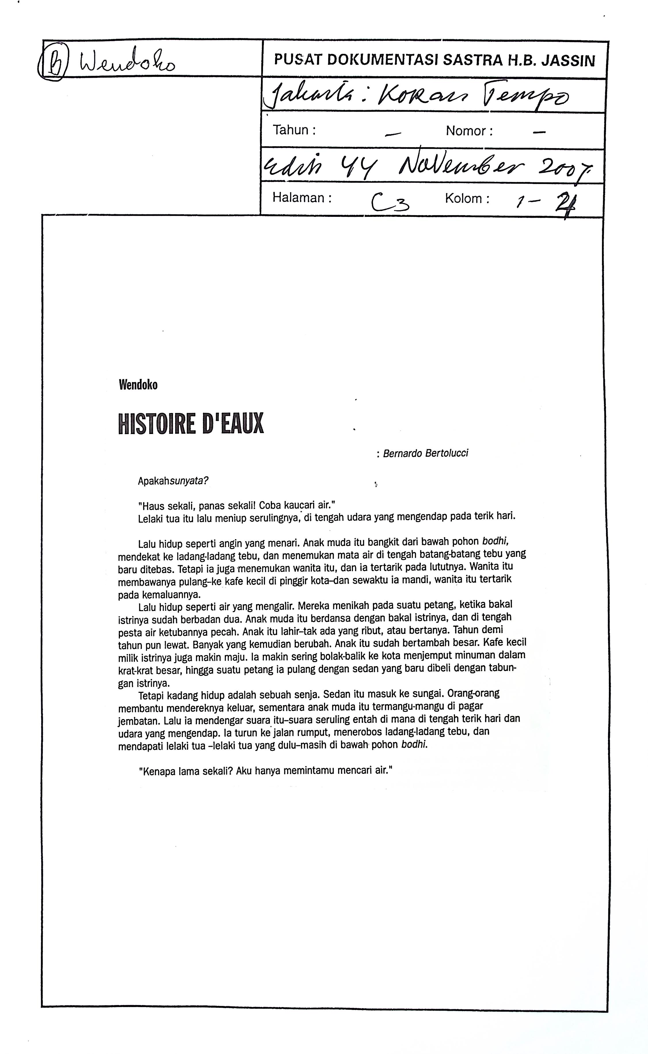 Cerpen histoire d'eaux