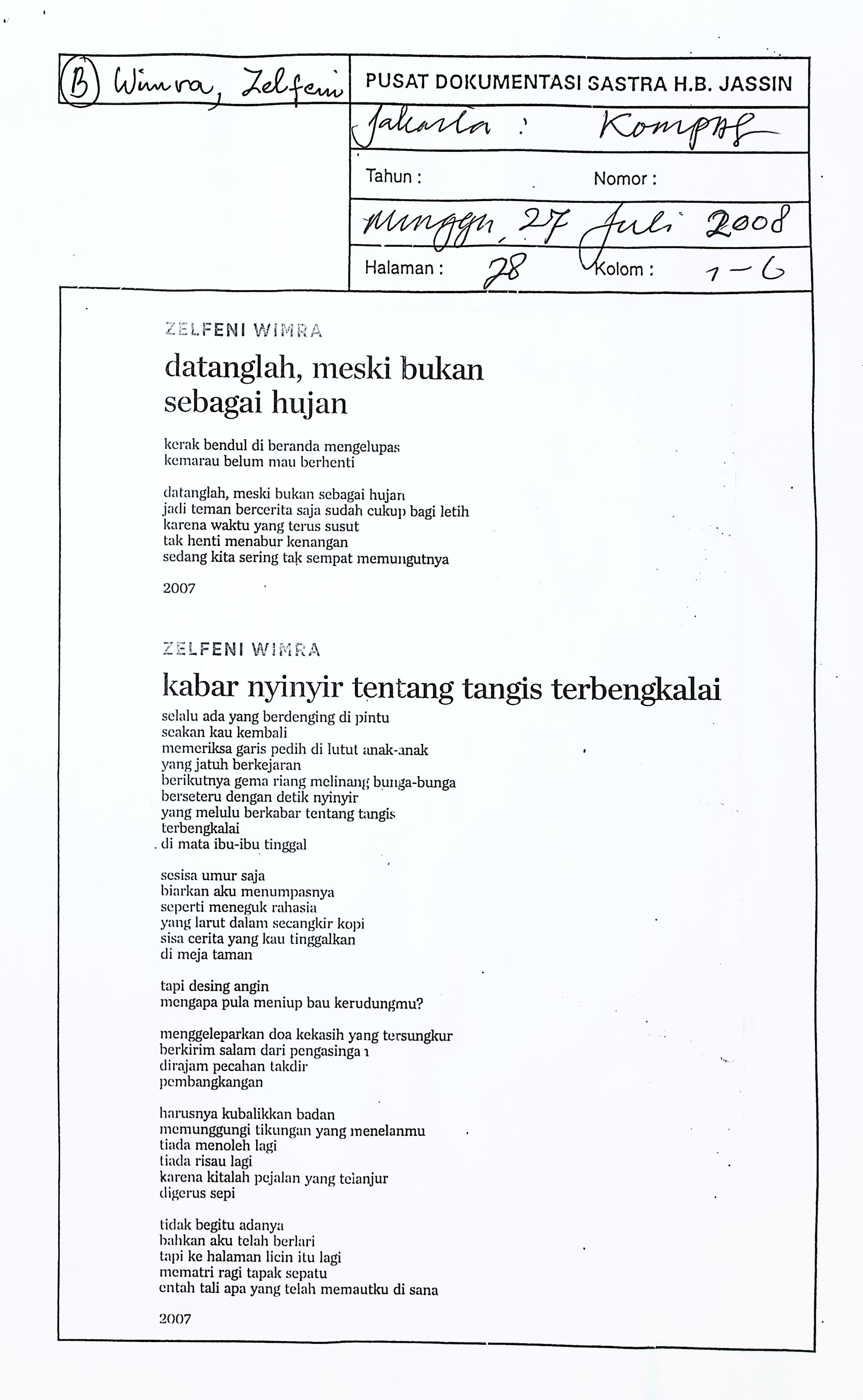 Puisi datanglah, meskipun bukan sebagai hujan