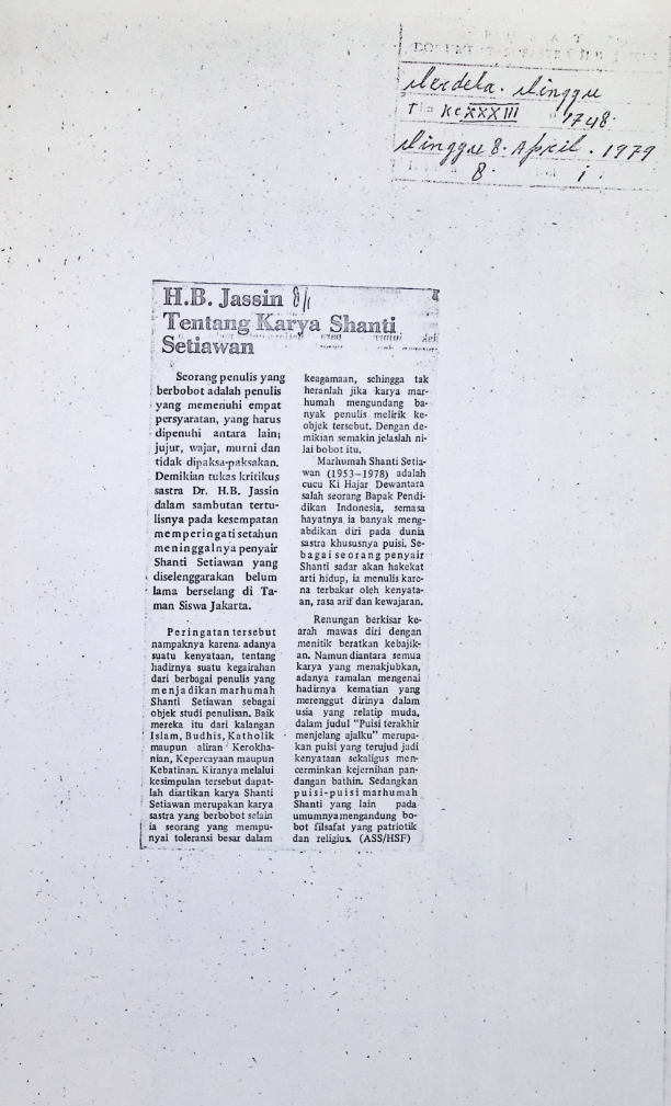 H.B. Jassin tentang karya Shanti Setiawan