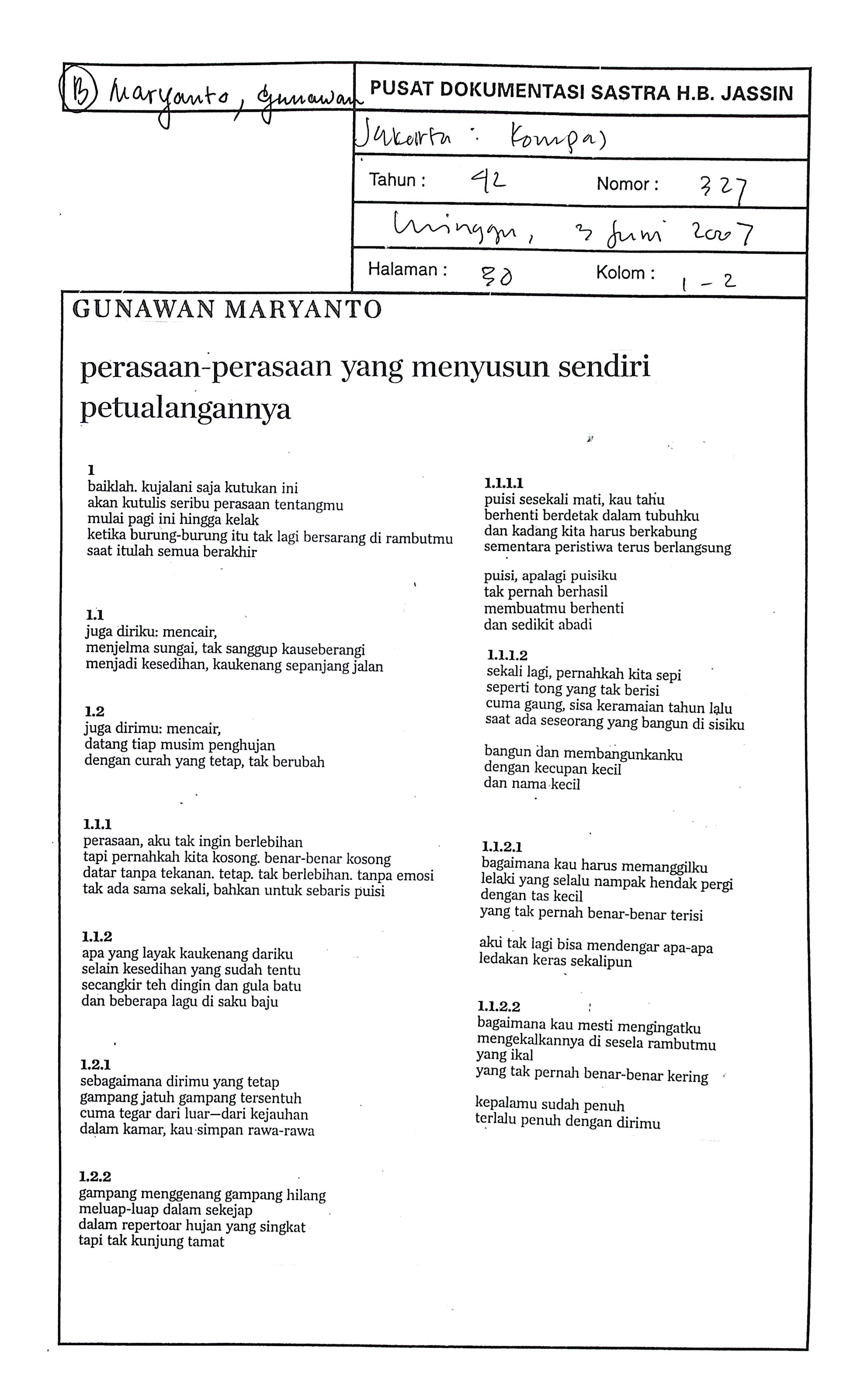 Puisi perasaan-perasaan yang menyusun sendiri petualangannya