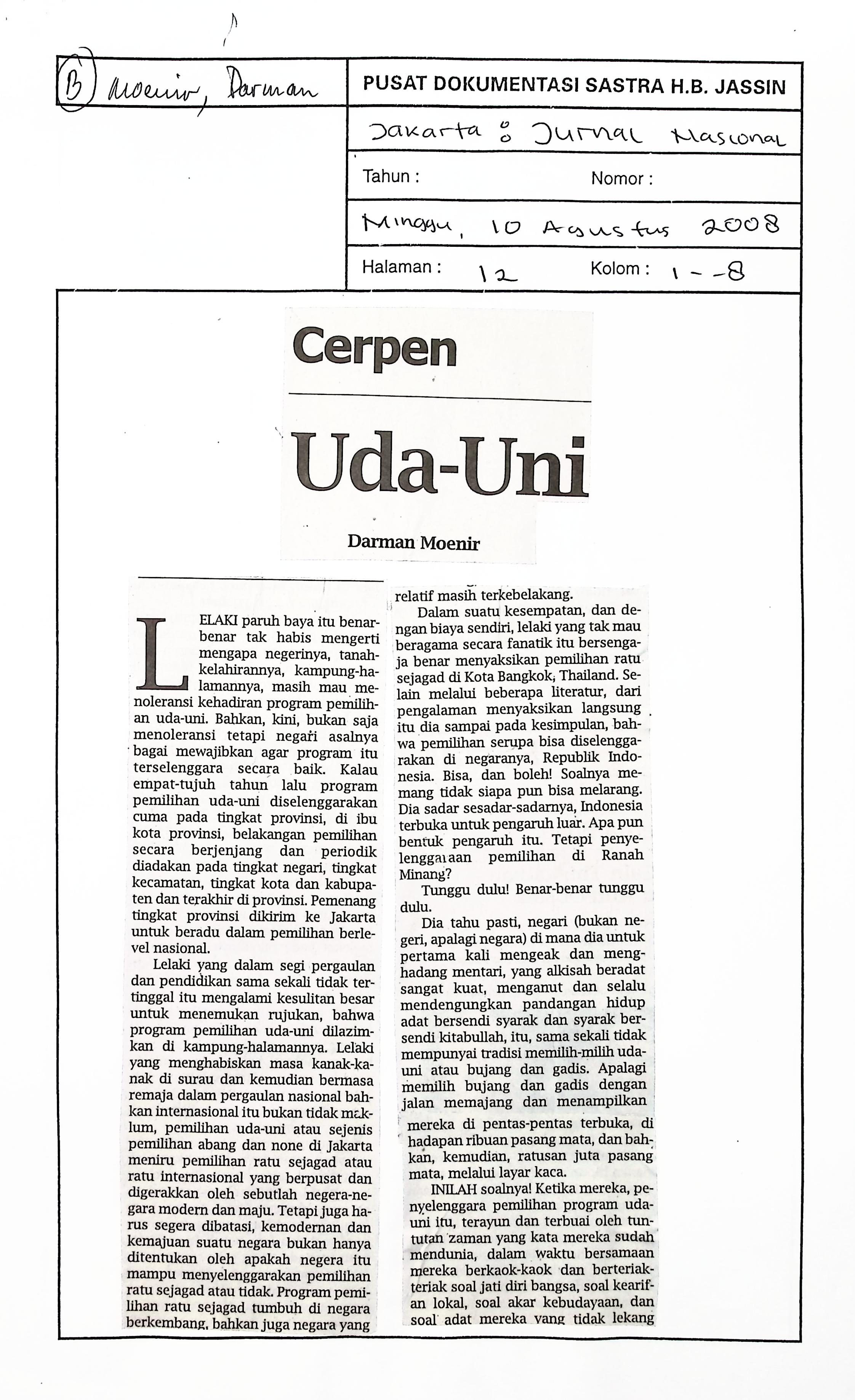 Cerpen Uda Uni