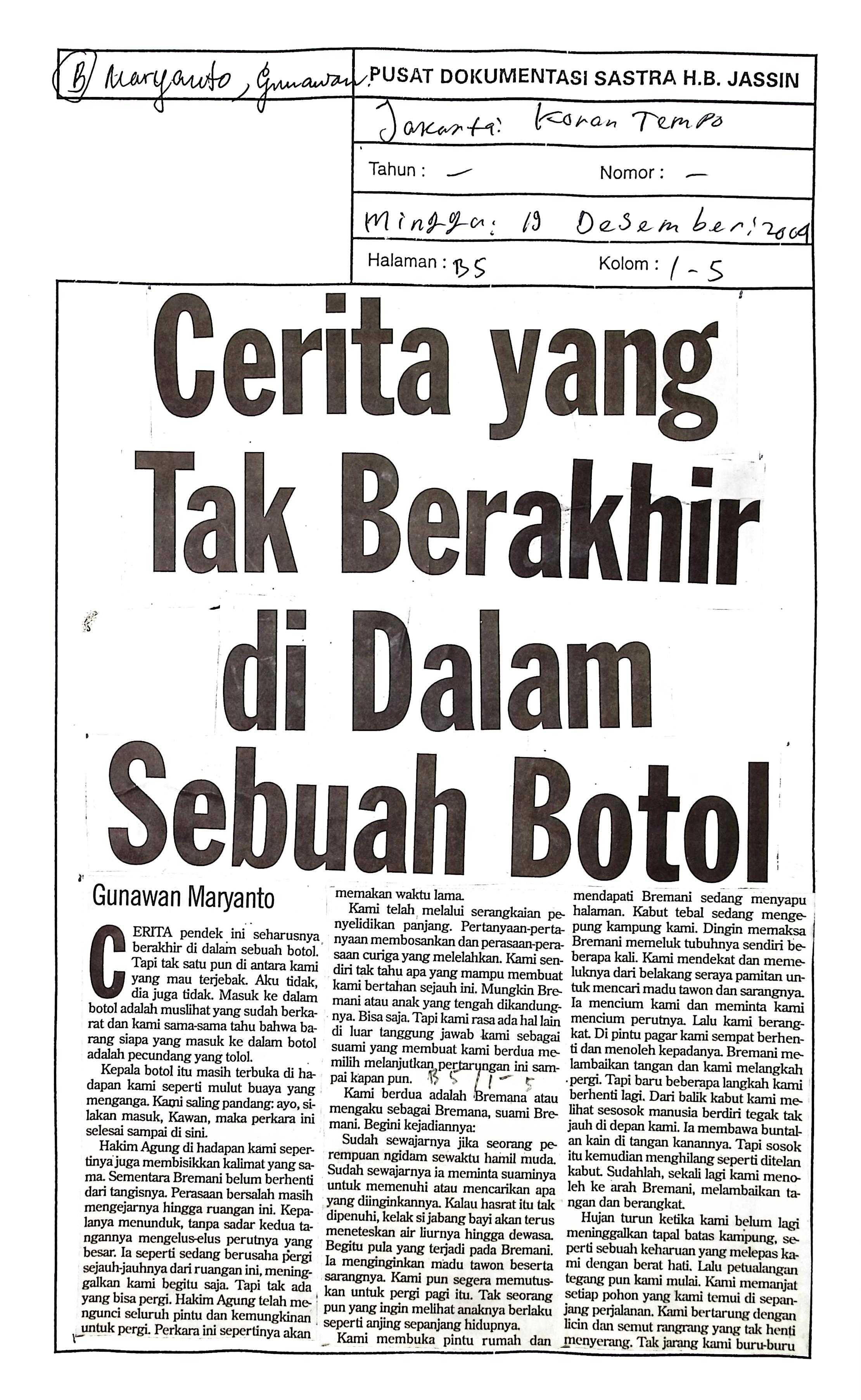 Cerpen cerita yang tak berakhir di dalam sebuah botol