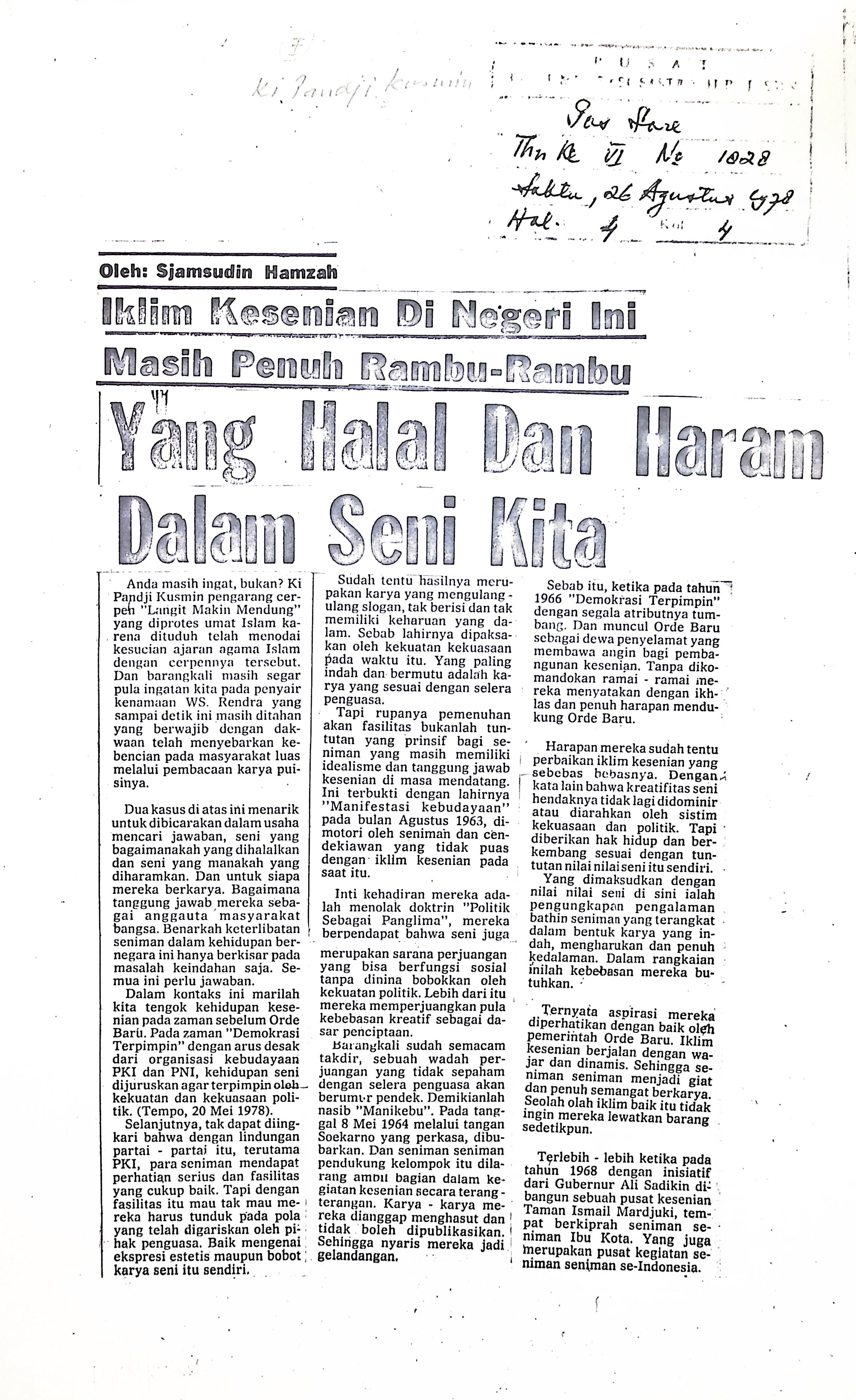 Yang halal dan haram dalam seni kita / Sjamsudin Hamzah