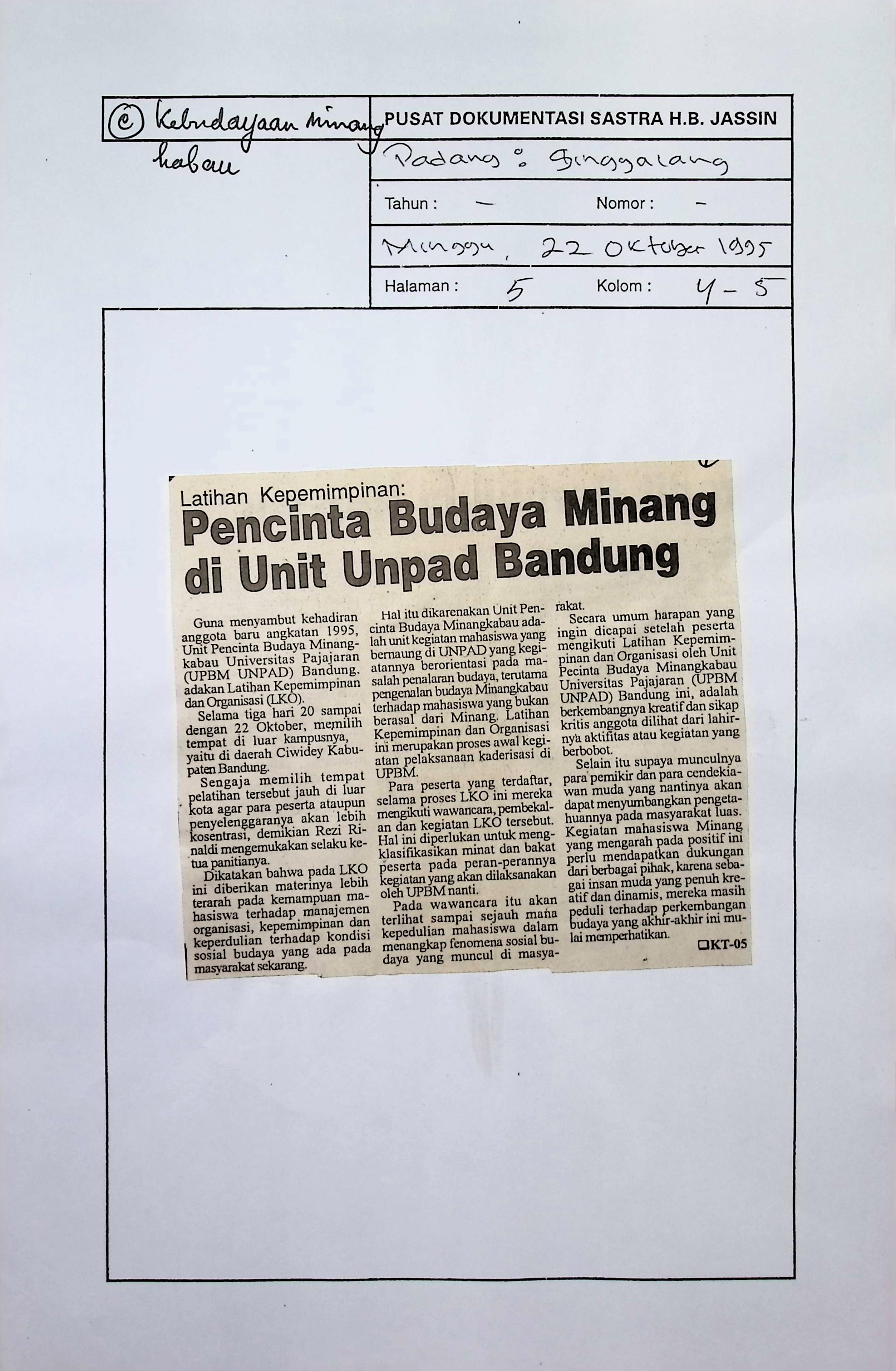 Latihan kepemimpinan. Pecinta budaya Minang di UNPAD Bandung