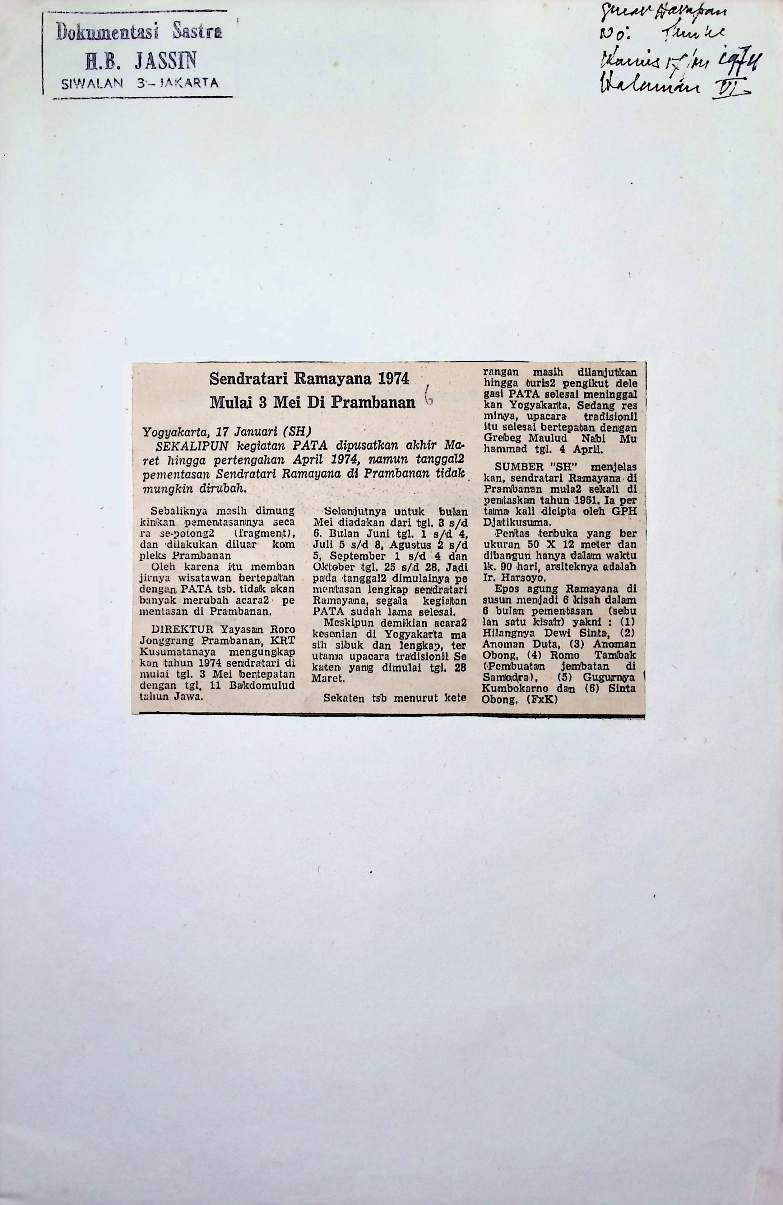 Sendratari Ramayana 1974 mulai 3 Mei di Prambanan