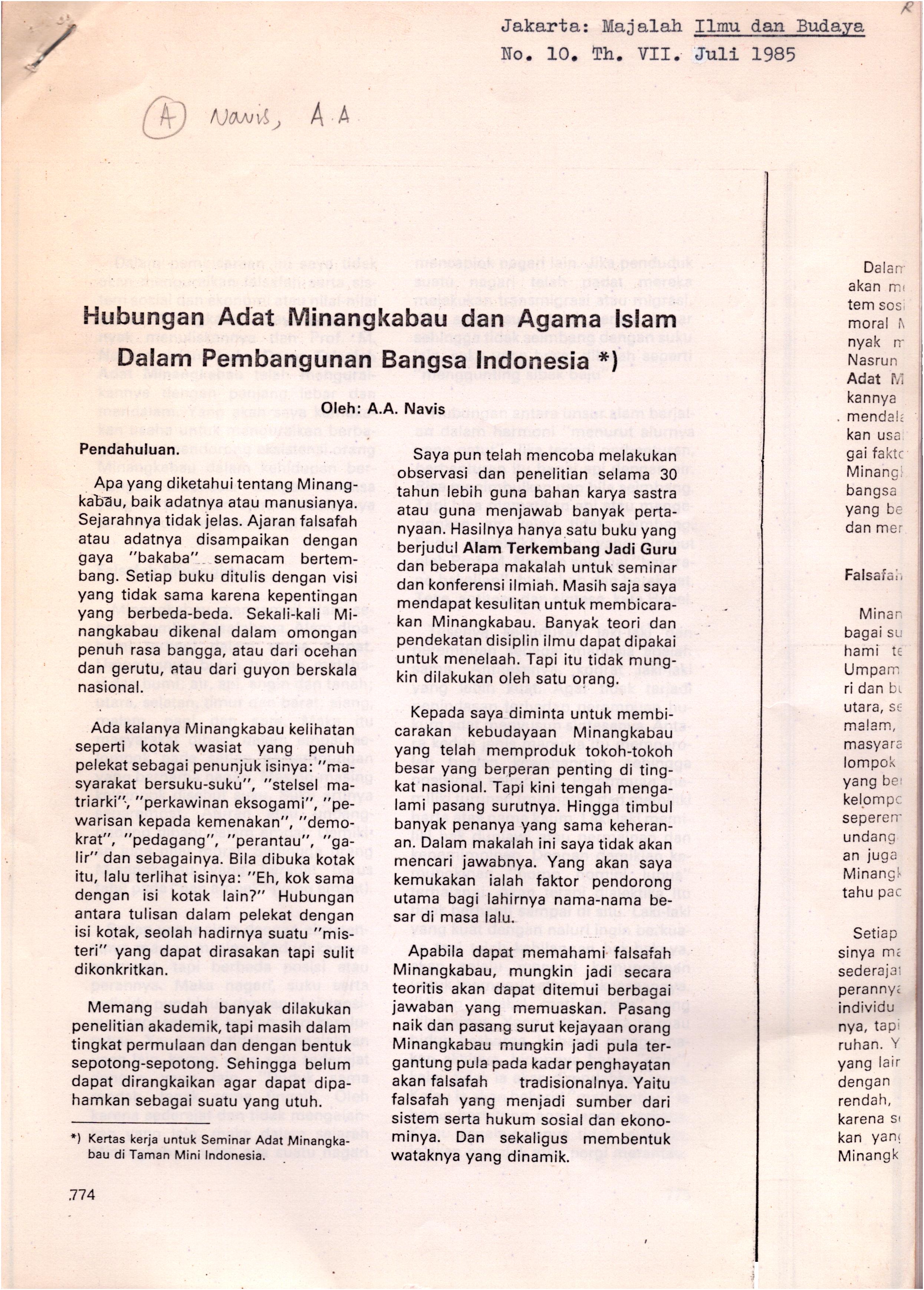 Hubungan adat Minangkabau dan agama Islam dalam pembangunan Bangsa Indonesia