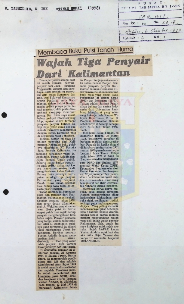 Membaca buku puisi tanah huma : wajah tiga penyair dari kalimantan