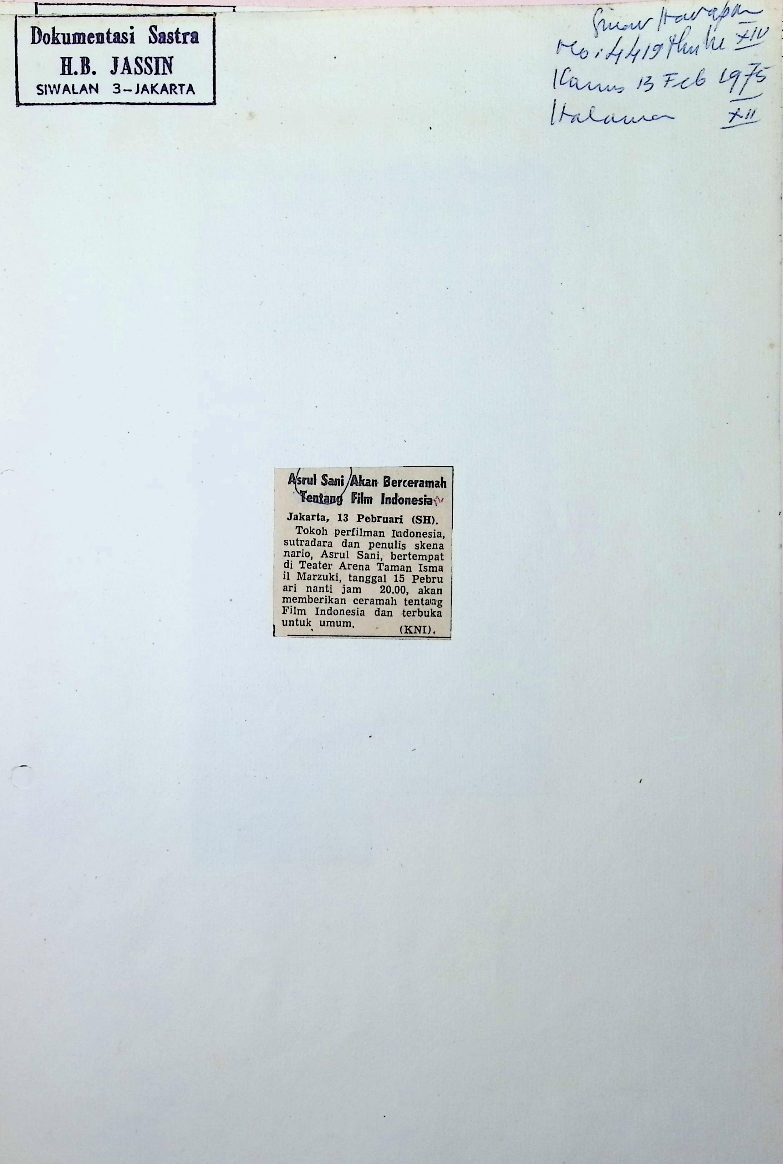 Asrul Sani akan berceramah tentang film Indonesia