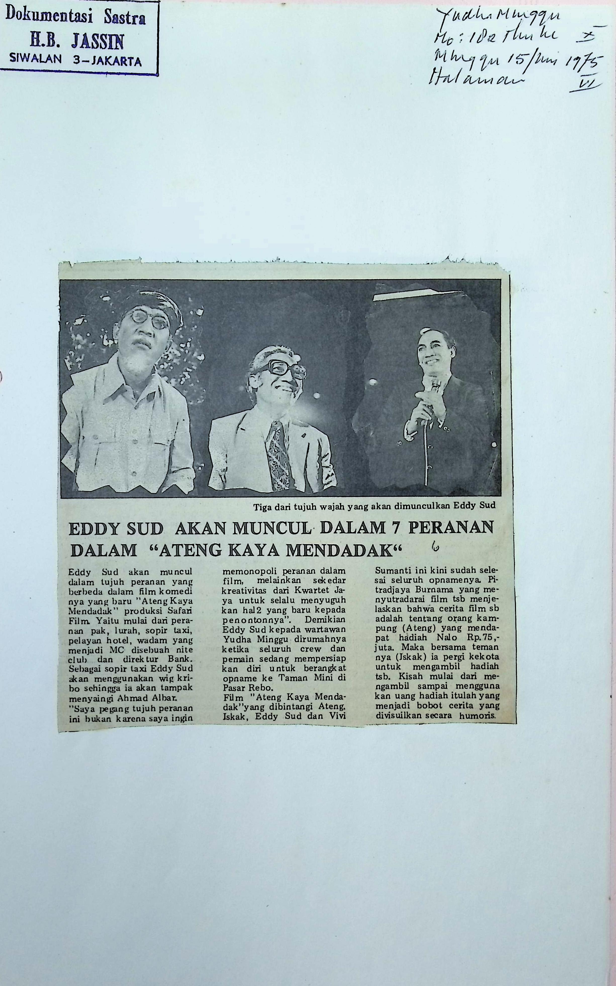 Eddy Sud akan muncul dalam 7 peranan dalam Ateng kaya mendadak