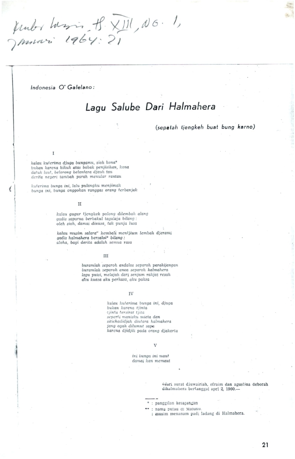 Lagu salube dari Halmahera :  (sepatah tjengkeh buat Bung Karno)