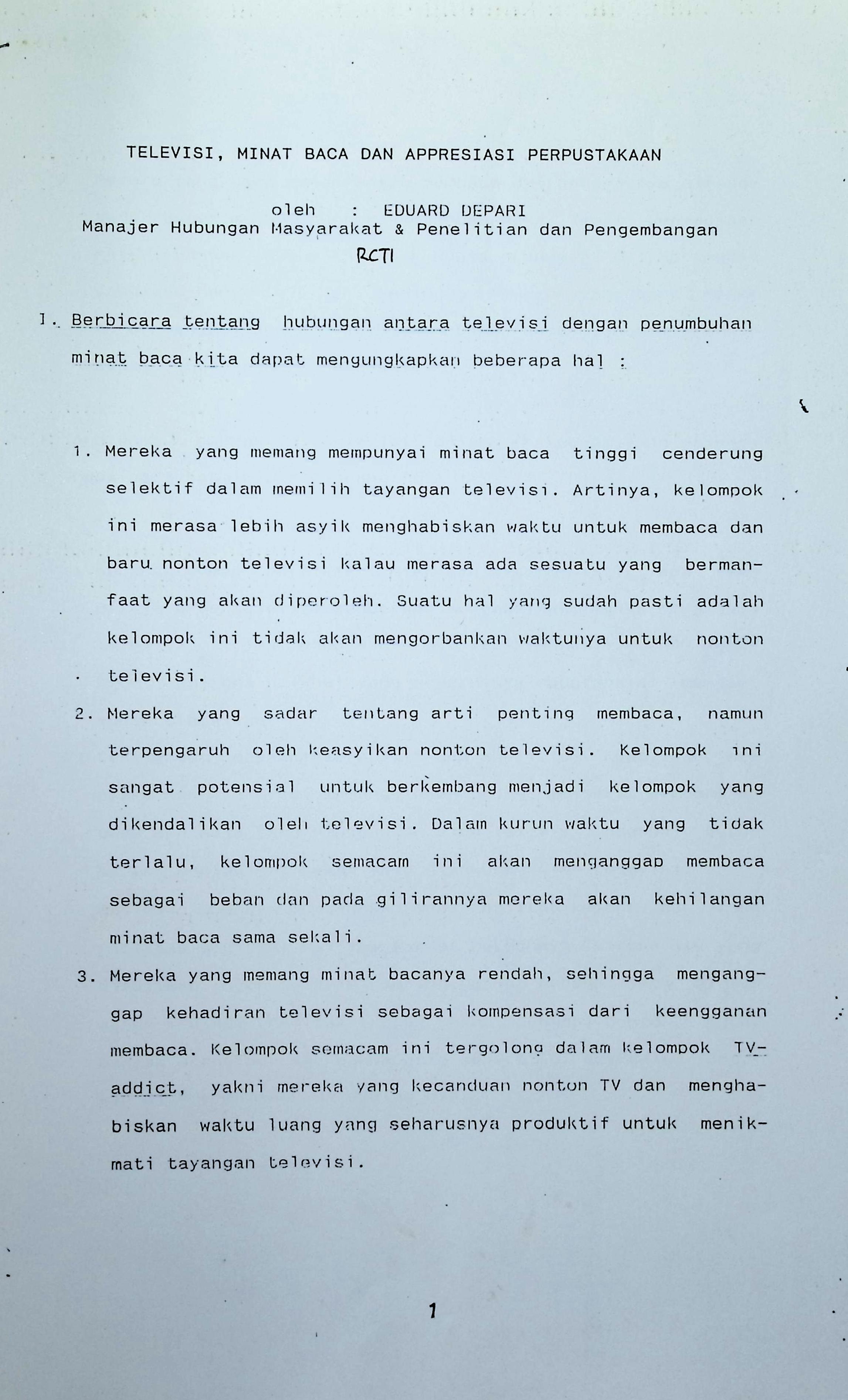 Televisi,minat baca dan apresiasi perpustakaan