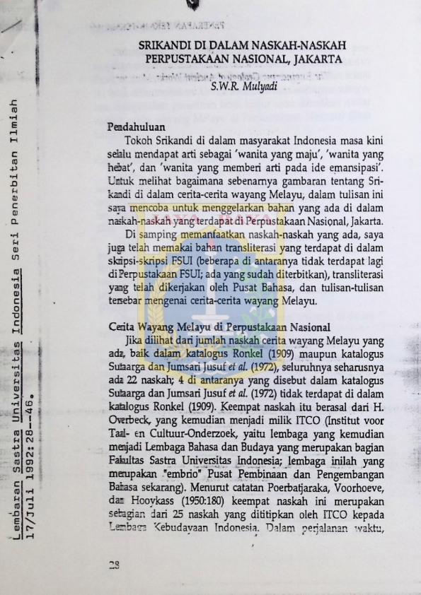 Srikandi di dalam naskah-naskah Perpustakaan Nasional, Jakarta