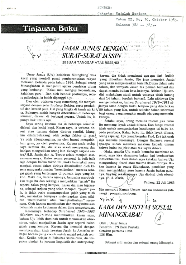 Umar Junus dengan surat-surat Jassin
