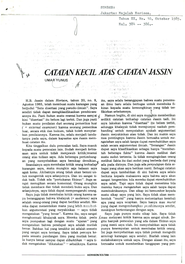 Catatan kecil atas catatan Jassin