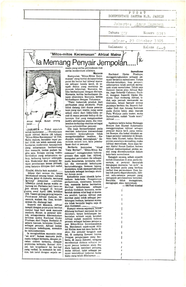 "Mitos-mitos kecemasan" Afrizal Malna - Ia memang penyair jempolan.....