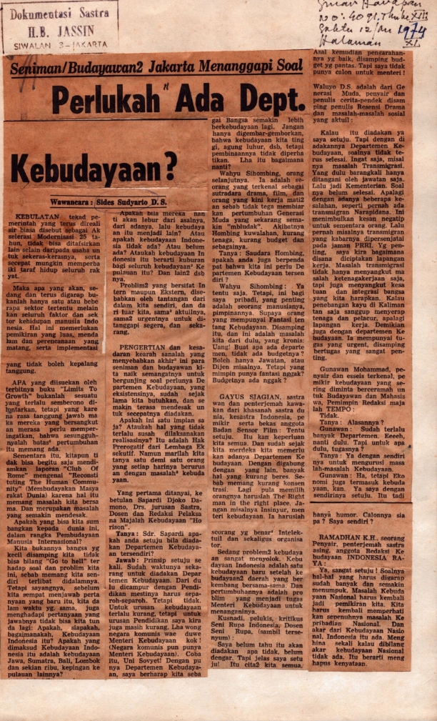 Seniman atau Budayawan2 Jakarta menanggapi soal perlukah ada dept. kebudayaan?