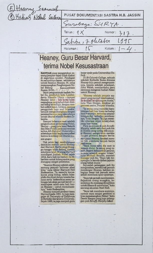 Heaney, guru besar Harvard, terima nobel kesusastraan