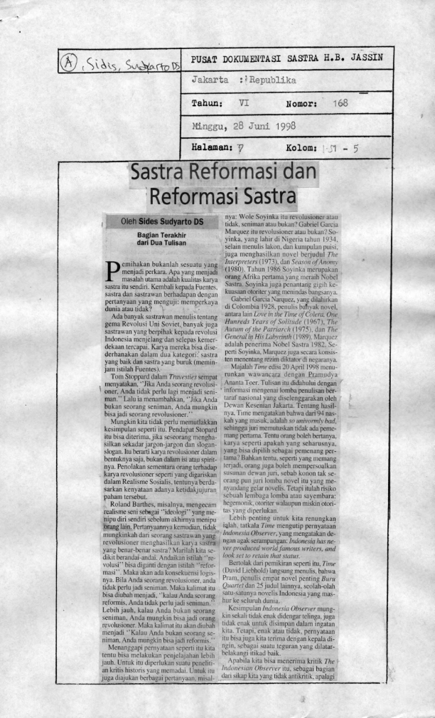 Sastra reformasi dan reformasi sastra (Bagian Akhir)