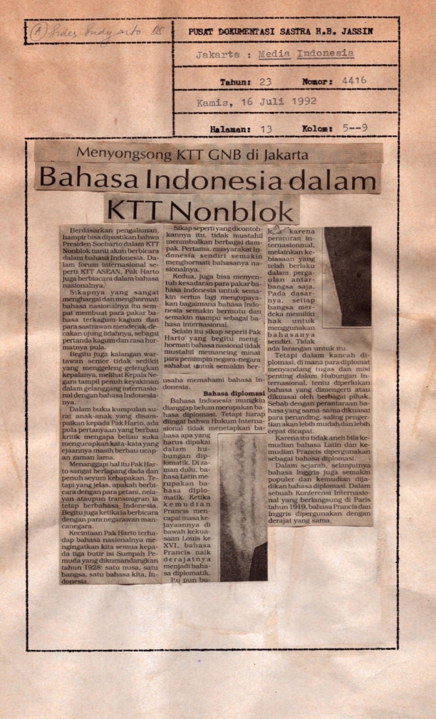 Menyongsong KTT GNB di Jakarta : Bahasa Indonesia dalam KTT Nonblok