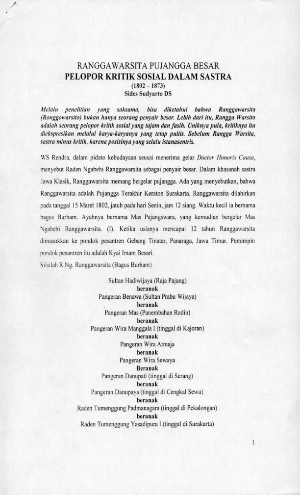 Pelopor kritik sosial dalam sastra
