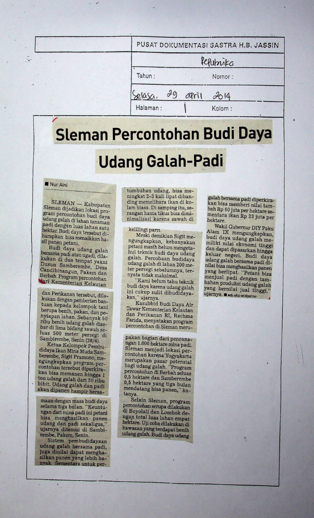 Sleman percontohan budi daya udang galah-padi
