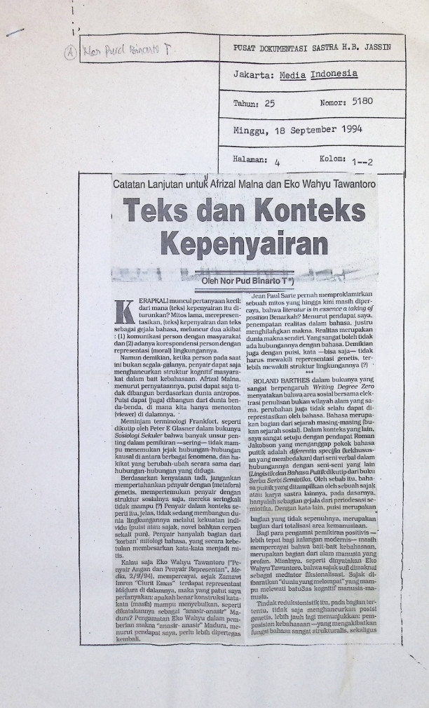 Teks dan konteks kepenyairan : catatan lanjutan untuk Afrizal Malna dan Eko Wahyu Tawantoro
