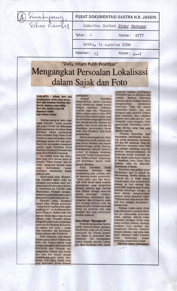 "Dolly, hitam putih prostitusi" mengangkat persoalan lokalisasi dalam sajak dan foto