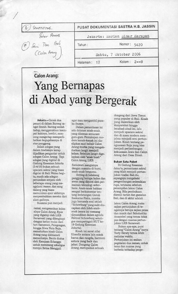 Calon arang: yang bernapas di abad yang bergerak