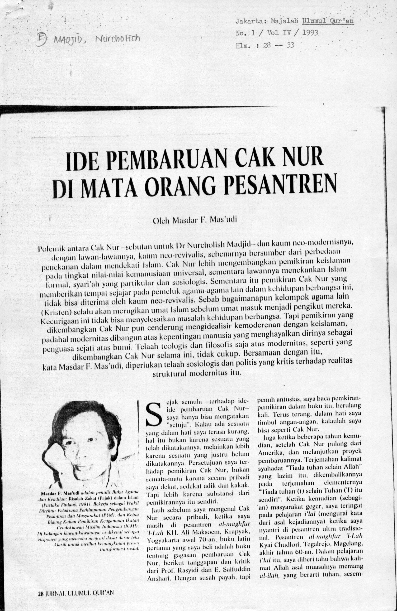 Ide pembaruan Cak Nur di mata orang pesantren